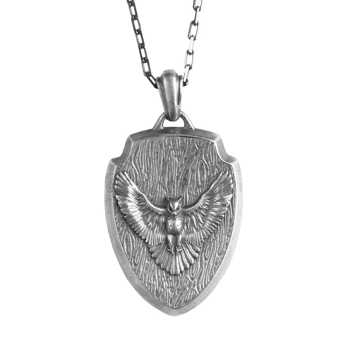 KAMBO 925 Sterling Silver Chain Men's Necklace – Owl Symbol Shield Necklace – Handmade Gothic Jewelry for Wisdom and Protection (Silver)