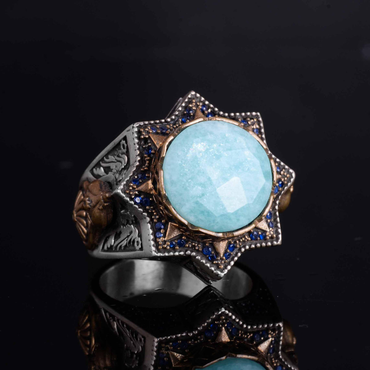 KAMBO 925 Sterling Silver Men's Natural Stone Ring – Warrior Helmet Motif Handmade Star Frame – Protective Spiritual Jewelry (Amazonite) — 6