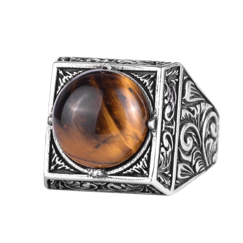 KAMBO Natural Round Stone Square Men's Ring 925 Sterling Silver – Ottoman Pattern Handmade Stone Ring (Tiger's Eye)