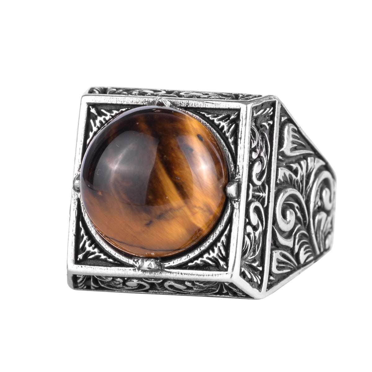 KAMBO Natural Round Stone Square Men's Ring 925 Sterling Silver – Ottoman Pattern Handmade Stone Ring (Tiger's Eye)