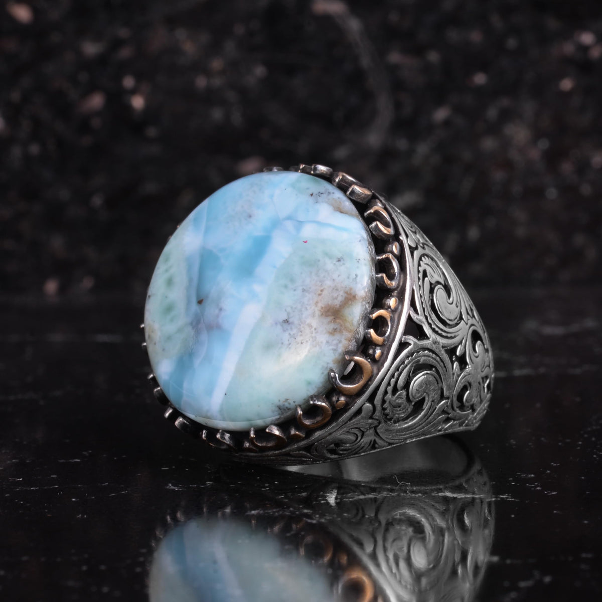KAMBO Natural Stone Round Large Men's Ring – 925 Sterling Silver Handmade Ring – Statement Ring – Vintage Ottoman Style Men's Jewelry (Larimar) — 5