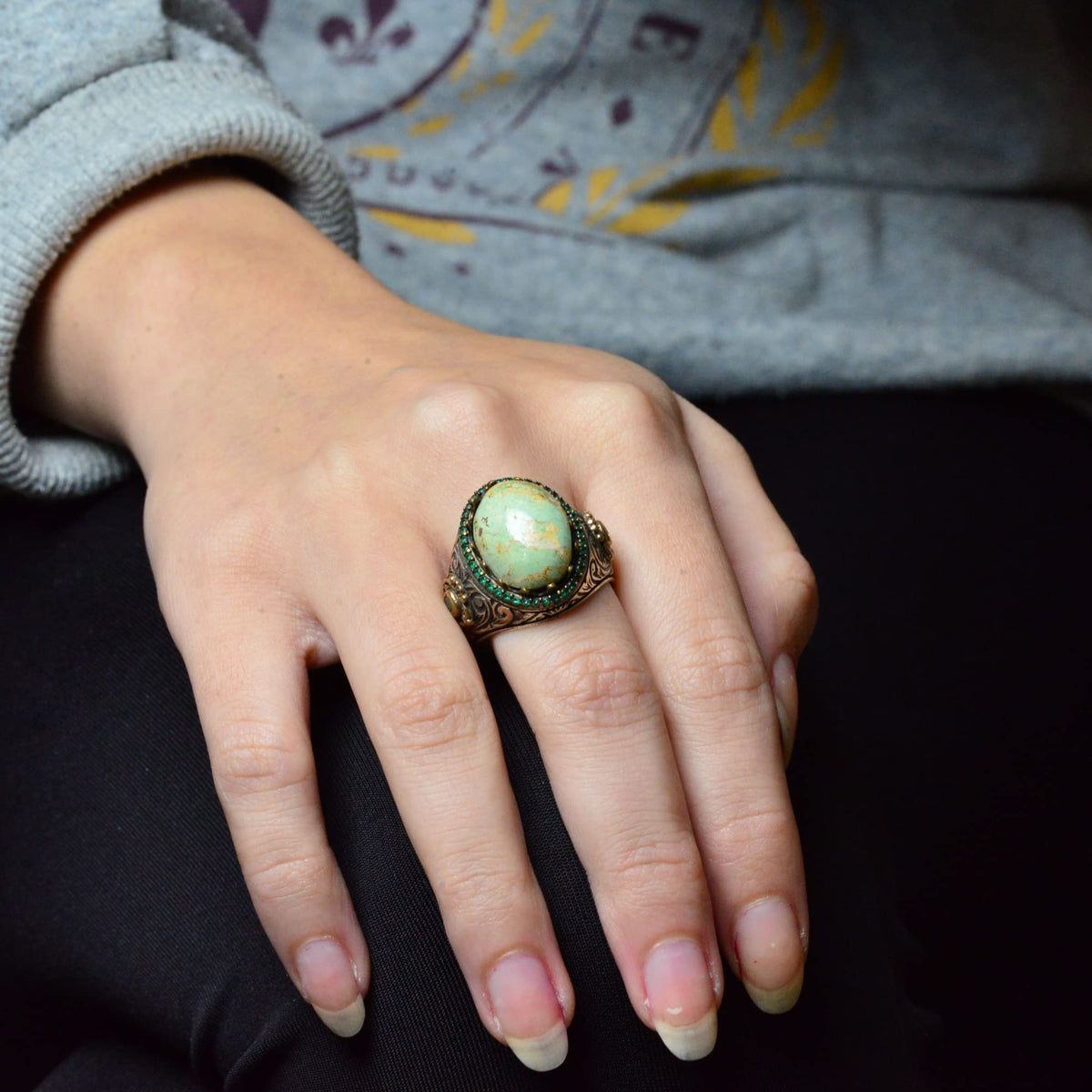 925 Sterling Silver Men's Ring - Natural Arizona Turquoise Stone with Detailed Work — 7
