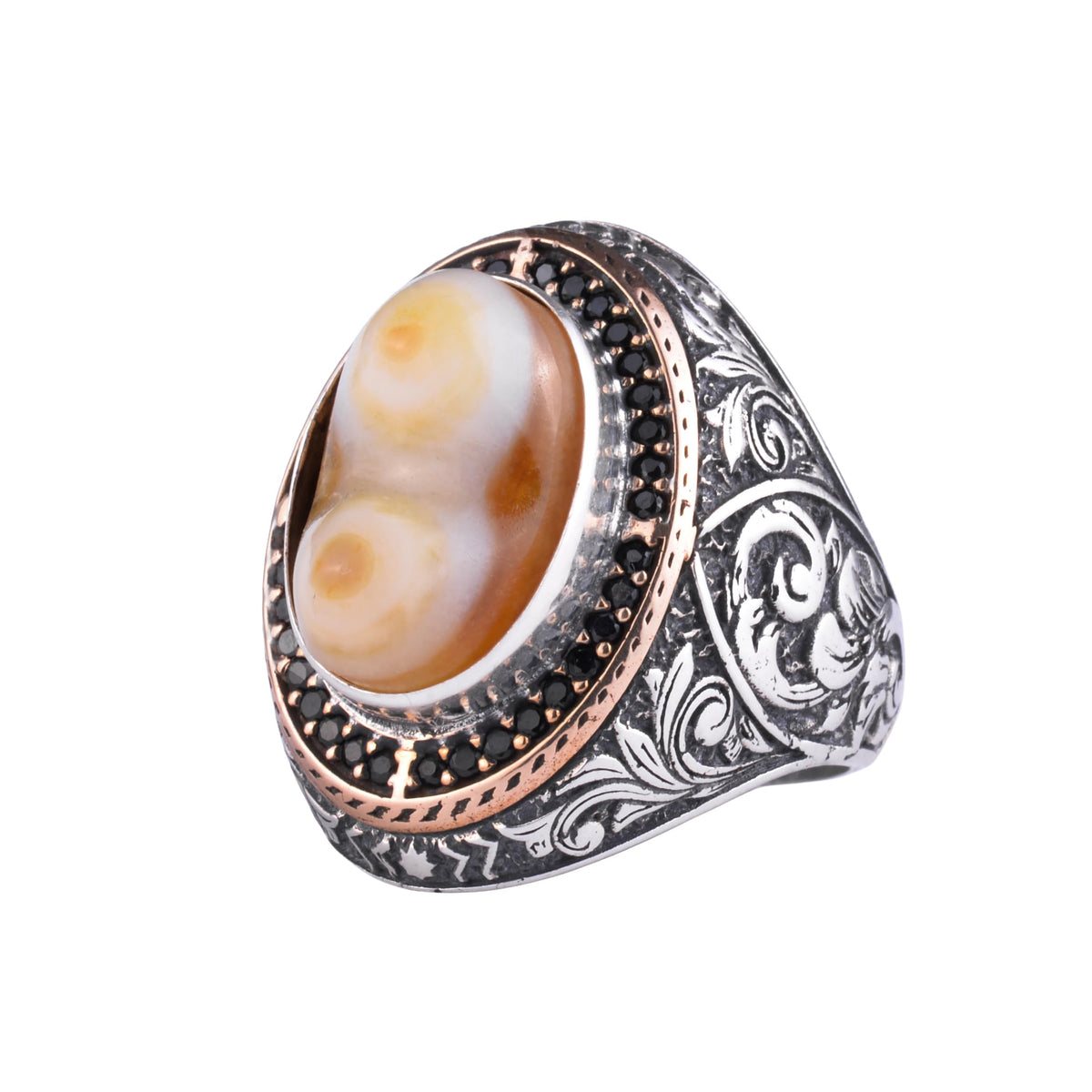 Men's Natural Stone Large Ring – Oval Stone Vintage Byzantine Engraved Statement Ring - Antique Filigree 925 Sterling Silver Jewelry (Yemen Agate)