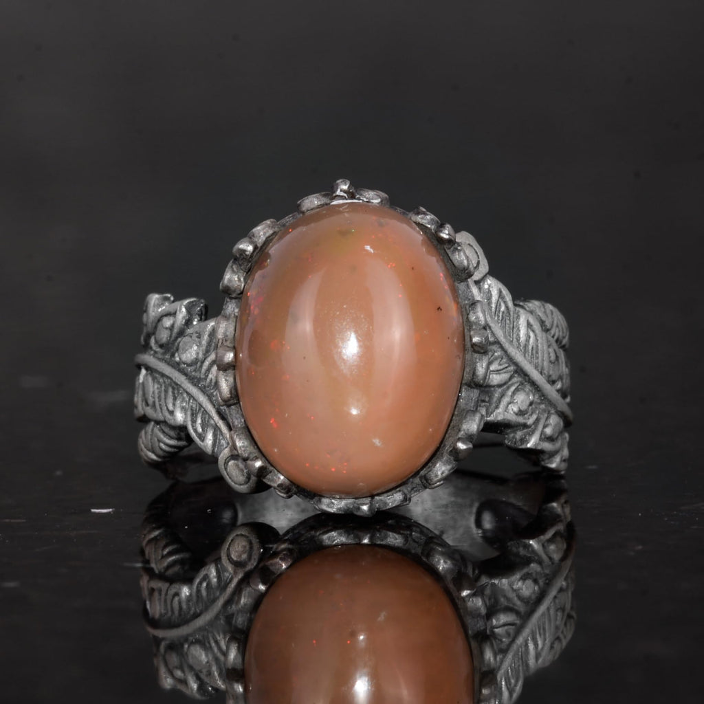 Handmade 925 Sterling Silver Men's Ring Natural Opal Stone - Leaf Pattern — 4