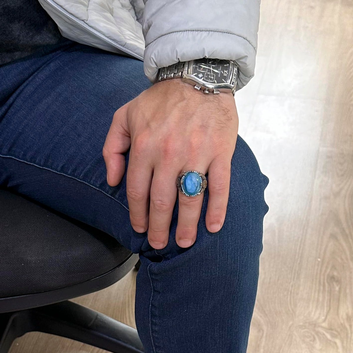 925 Sterling Silver Ring with Unique Natural Druzy Quartz: Blue, Dark Blue — 3
