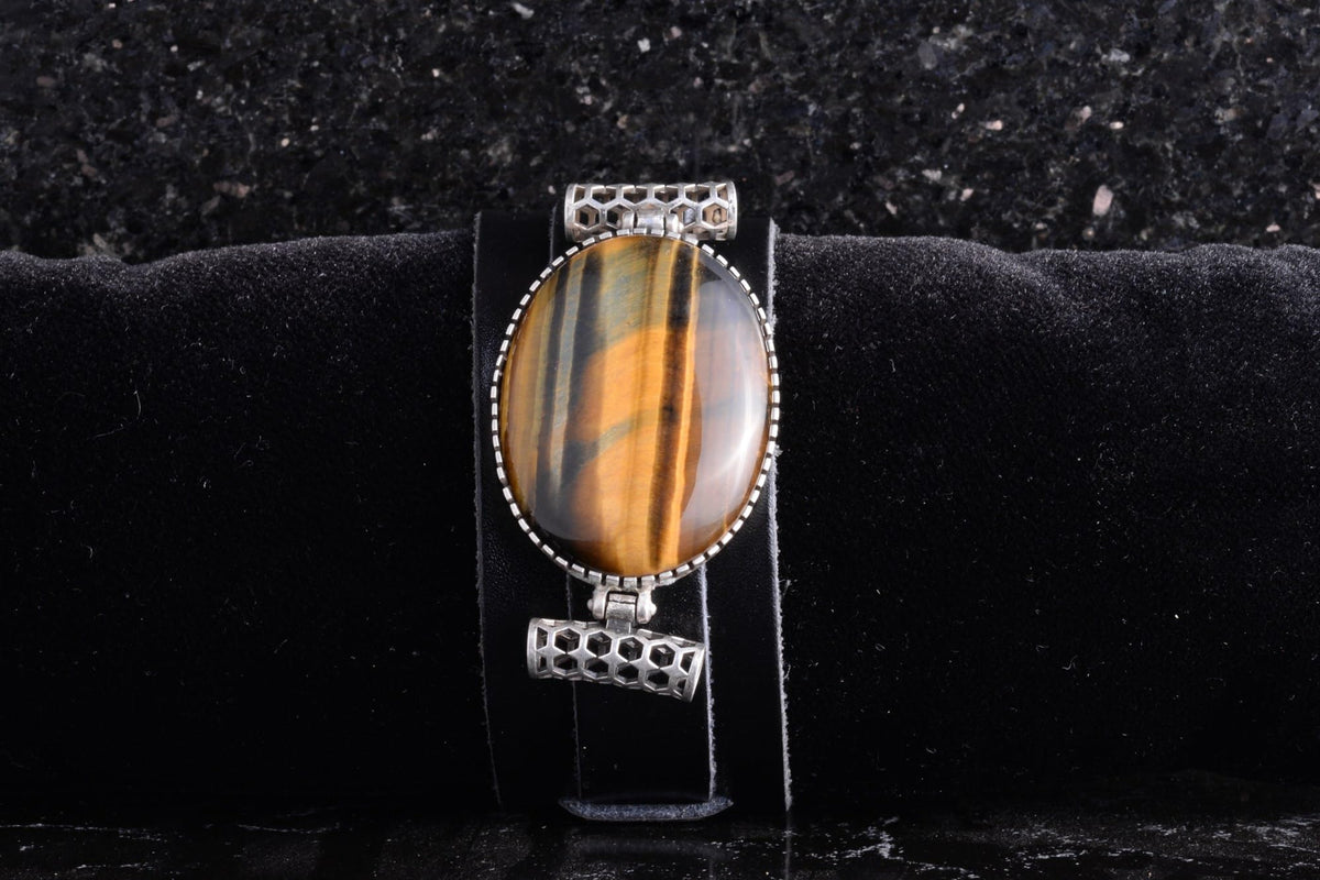 KAMBO Natural Tiger Eye Genuine Leather Cuff Bracelet for Men, Stone in 925 Sterling Silver Frame, Handmade Wide Wristba