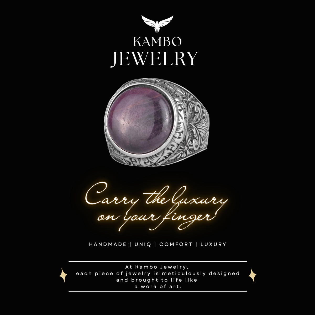 KAMBO Natural Ruby Stone Ring for Men 925 Sterling Silver Handmade Statement Ring Oval Cabochon Ruby — 8
