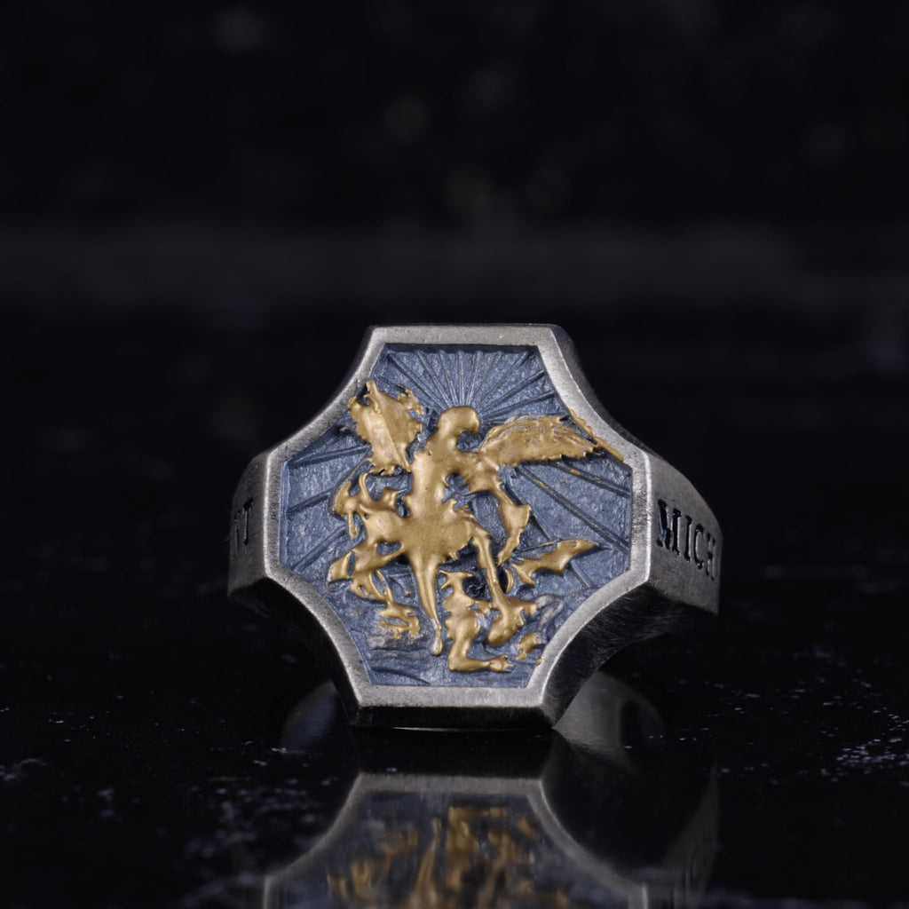 KAMBO St. Michael Archangel Men's Ring – 925 Sterling Silver Gold Plated Design – Handmade Religious Protection Jewelry – Octagonal Shield Statement Ring — 4