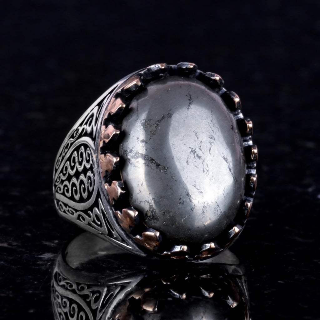 925 Sterling Silver Men's Ring - Natural Pyrite Stone — 3