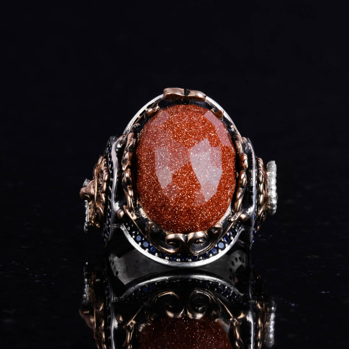 Brown Synthetic Sunstone Ring, 925 Sterling Silver Men's Ring, Lion Symbol Ring, Stylish Silver Men's Ring — 4