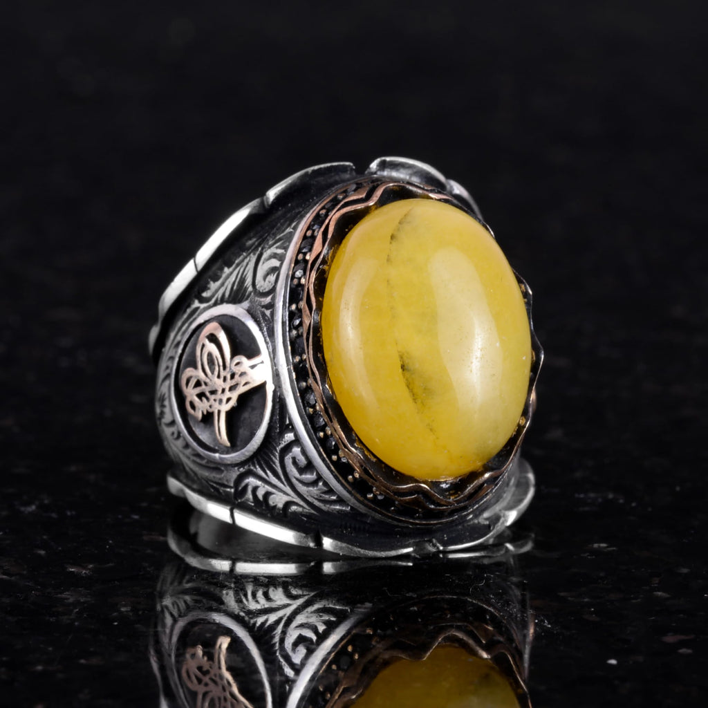 Ottoman Tugra Silver Ring, Natural Yellow Agate Stone Ring — 4
