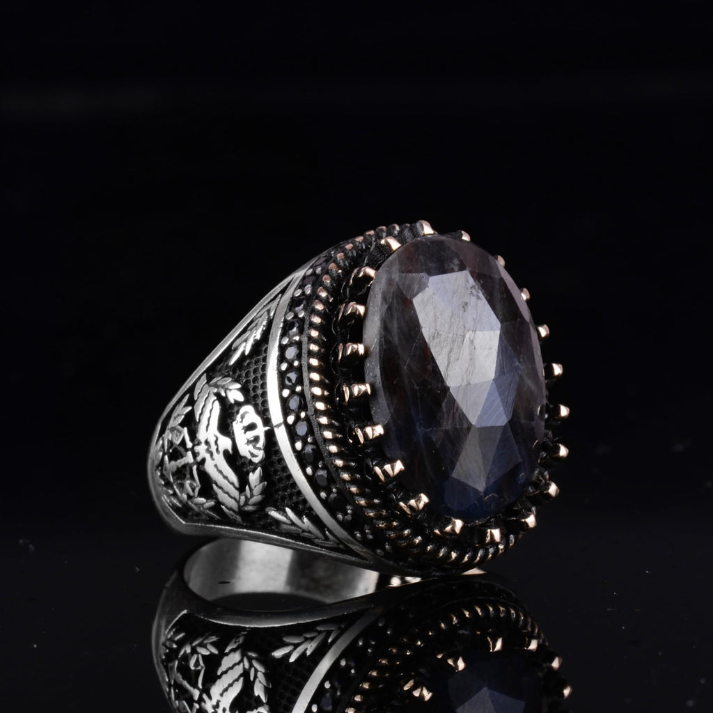 KAMBO Natural Sapphire 925 Sterling Silver Eagle Designed Men's Ring – Handmade Ottoman Style Statement Ring (Navy Sapphire) — 6