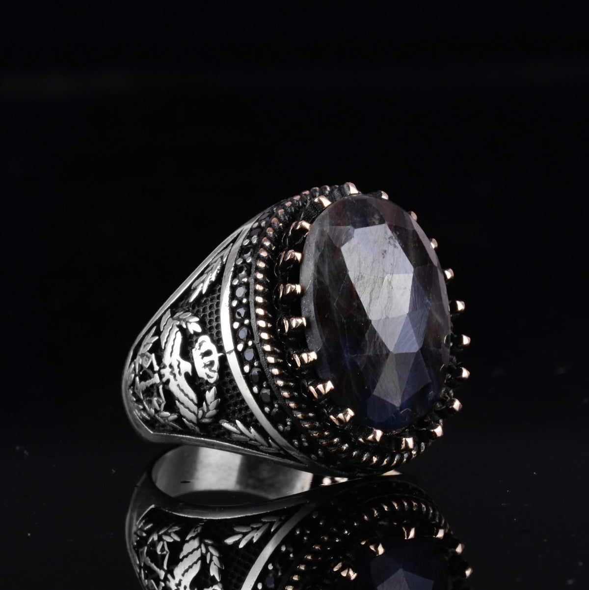 KAMBO Natural Sapphire 925 Sterling Silver Eagle Designed Men's Ring – Handmade Ottoman Style Statement Ring (Navy Sapphire) — 6