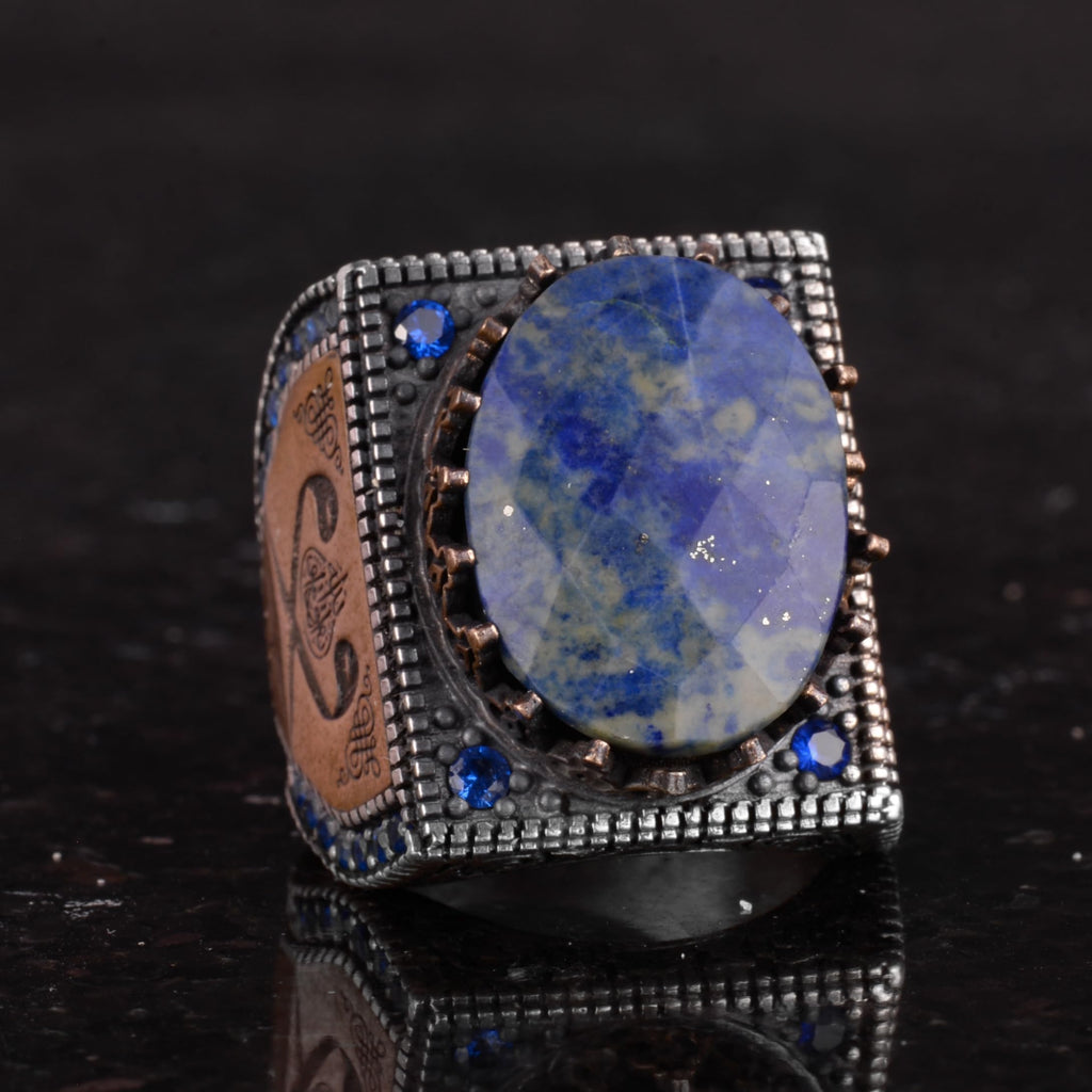 Natural Sodalite Stone Ring - 925 Sterling Silver Islamic Ring - Handmade Calligraphy Ring — 5