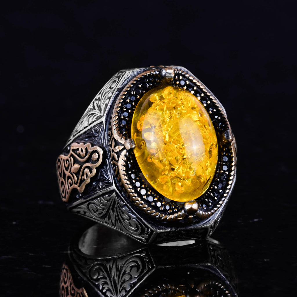 Stylish Handmade 925 Sterling Silver Men's Ring, Artificial Light Yellow Amber Stone — 6