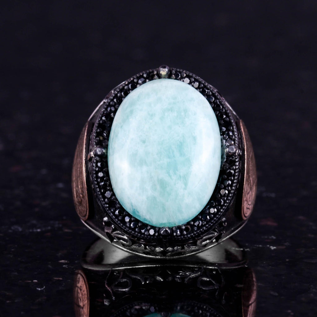 Natural Cabochon Amazonite Stone Ring - 925 Sterling Silver Men's Ring — 5