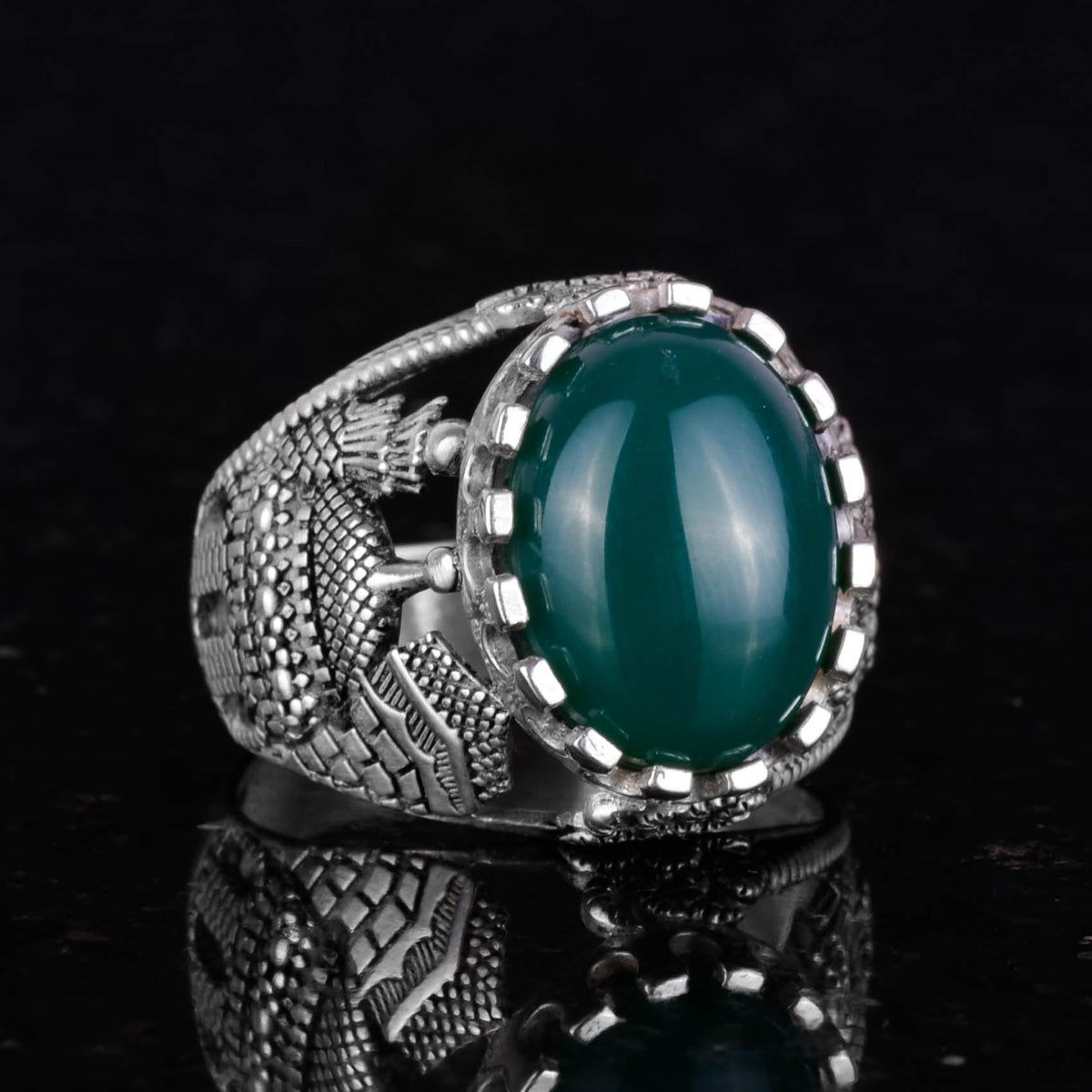 Islamic Natural Jade Stone Ring - 925 Sterling Silver Men's Ring - Harmony and Abundance Design — 5