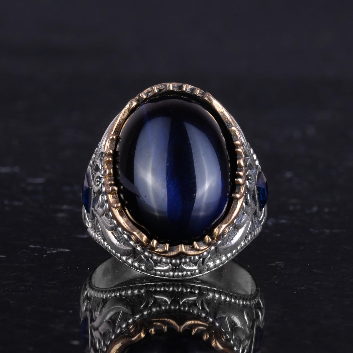 Synthetic Stone Ring - Handmade Men's Ring - Elegant 925 Sterling Silver Men's Ring (Synthetic Blue Cat's Eye) — 4