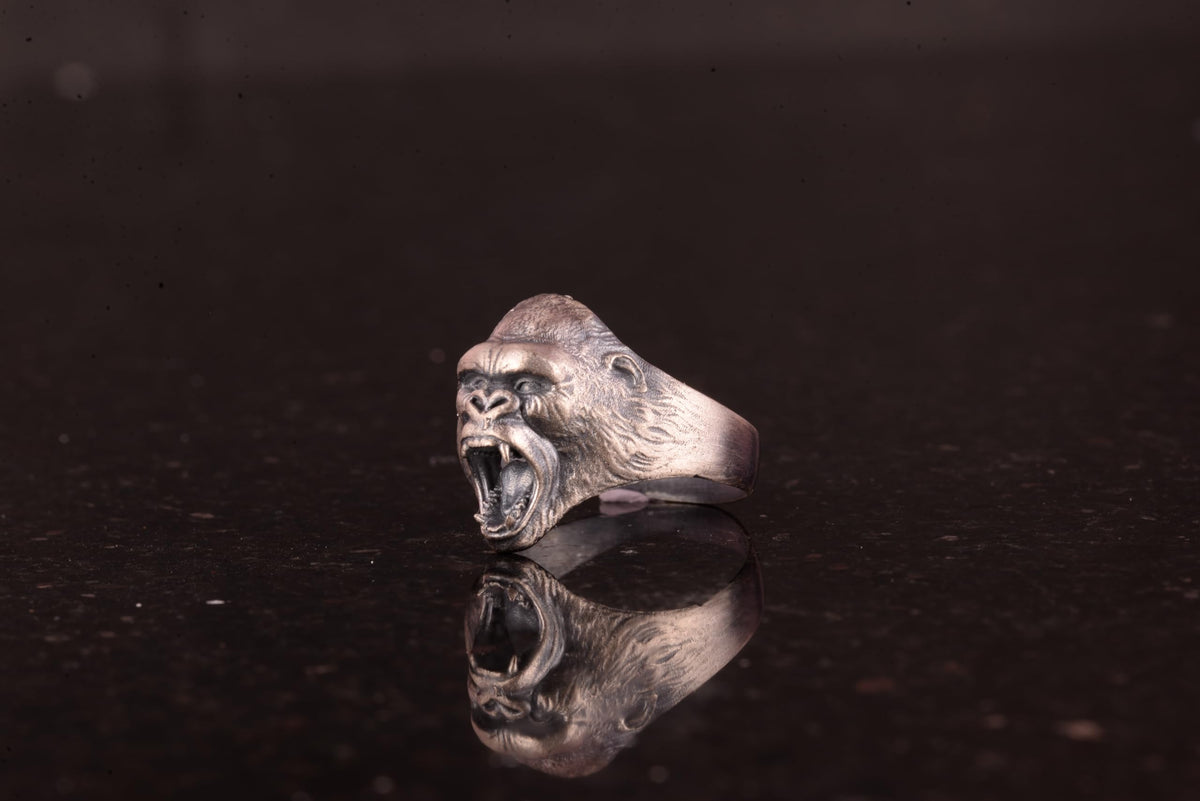 925 Sterling Silver Ring - Angry Gorilla Head Ring - Handmade Animal Figurine Men's Seal Ring — 5