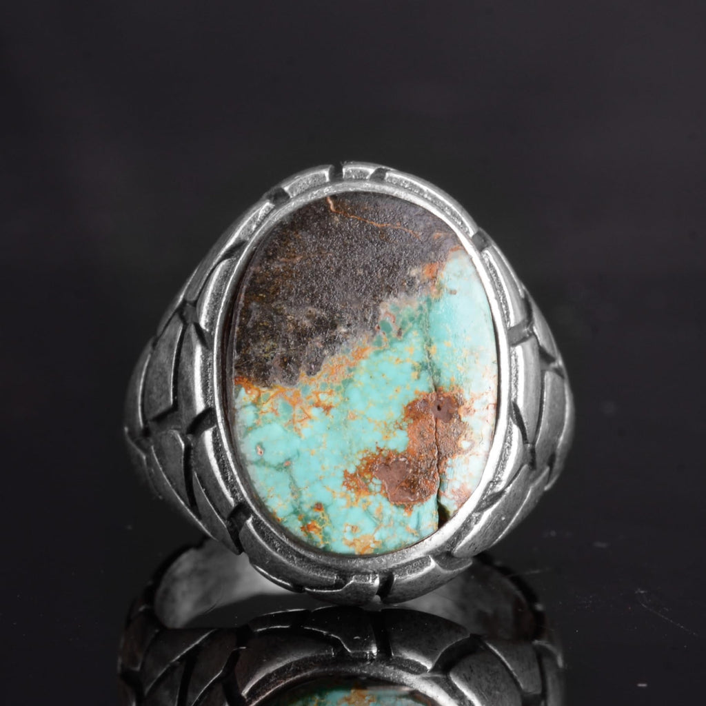 KAMBO Natural Turquoise Stone Ring - Snake Skin Pattern 925 Sterling Silver Men's Ring (Style-3) — 4