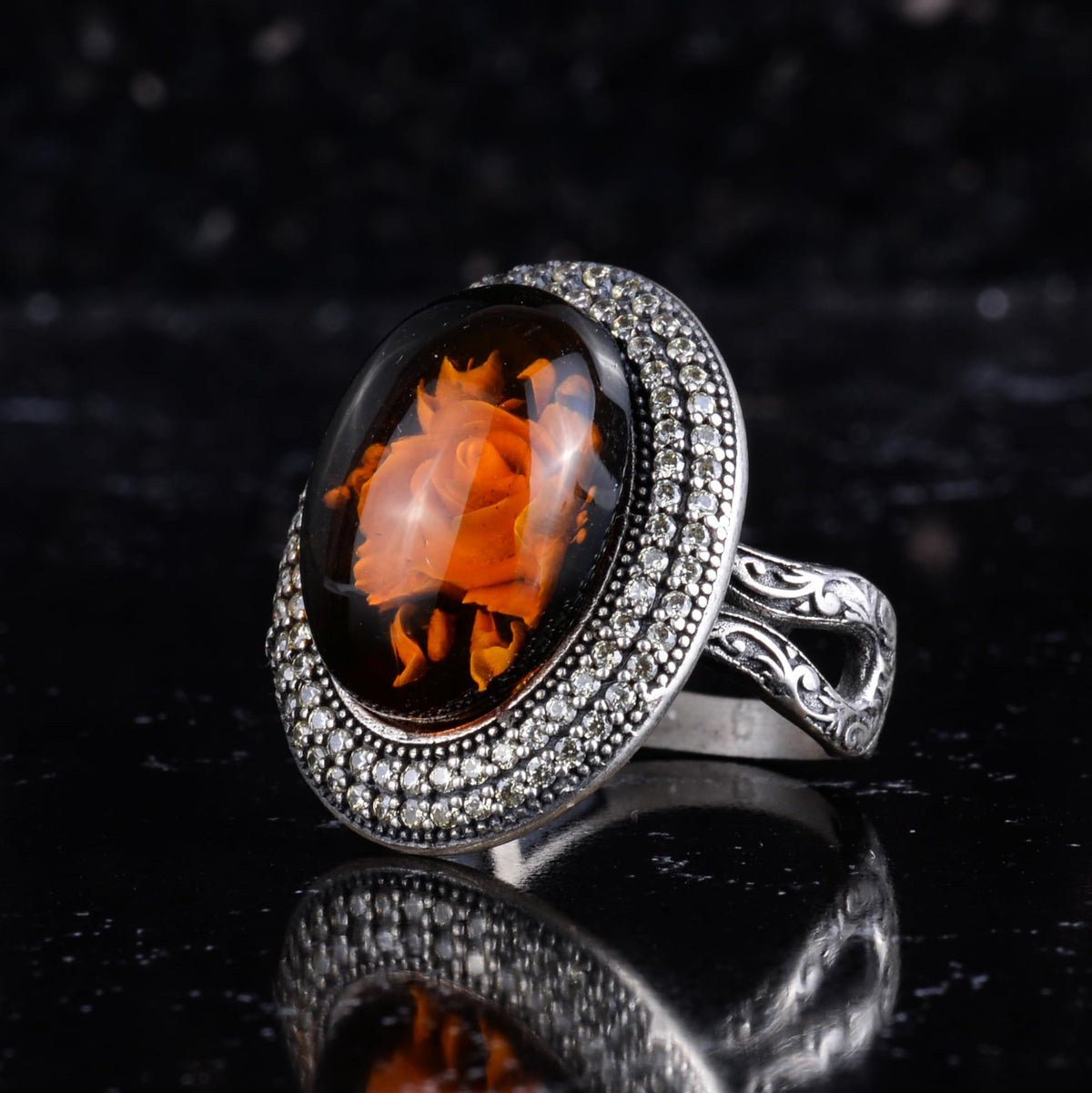 KAMBO Natural Amber Rose Carved Women's Ring 925 Sterling Silver Large Oval Stone Halo Design Handmade Vintage Jewelry — 5