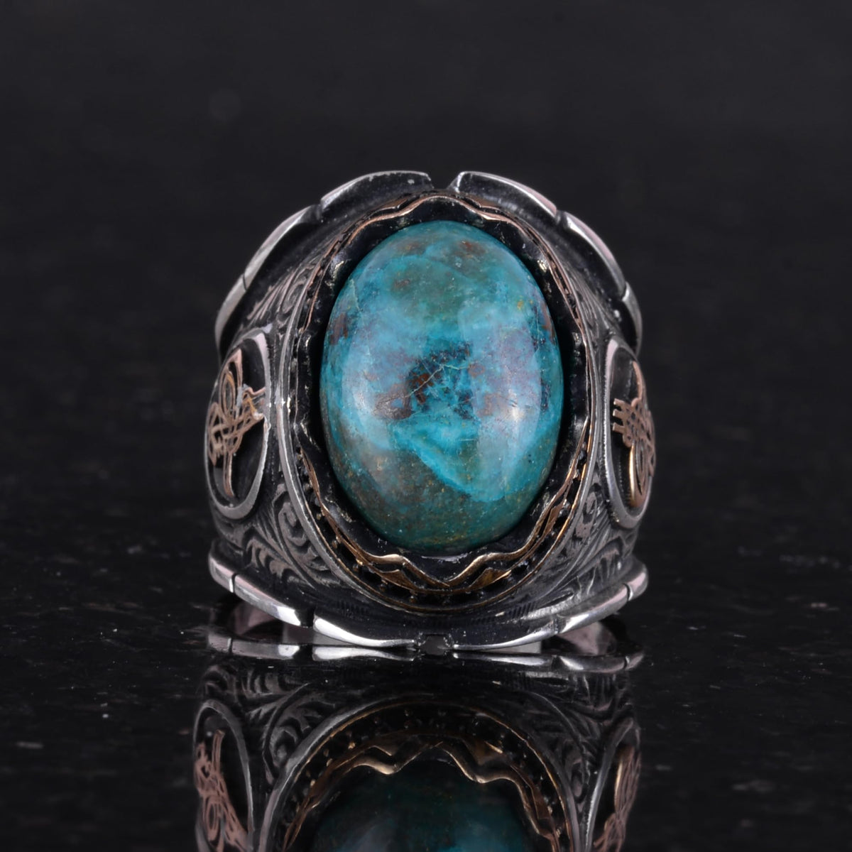 Natural Krysokolla Stone Ring - Ottoman Tugra Silver Ring — 3