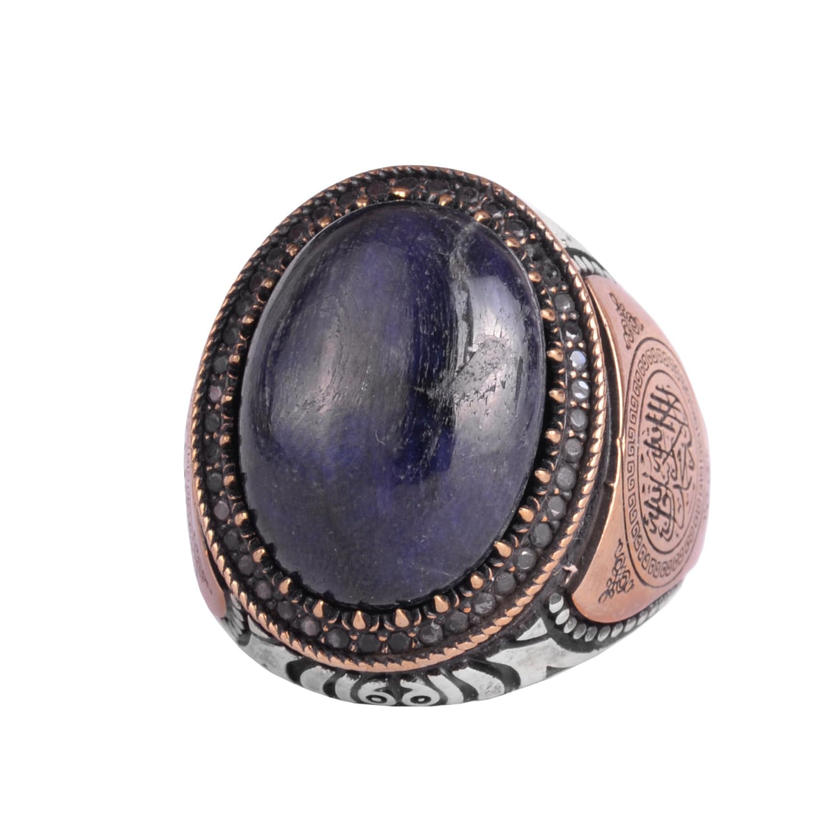 KAMBO Men's Natural Stone Ring – 925 Sterling Silver Arabic Calligraphy Ottoman Style Ring – Handmade Islamic Jewelry (Blue Sapphire)