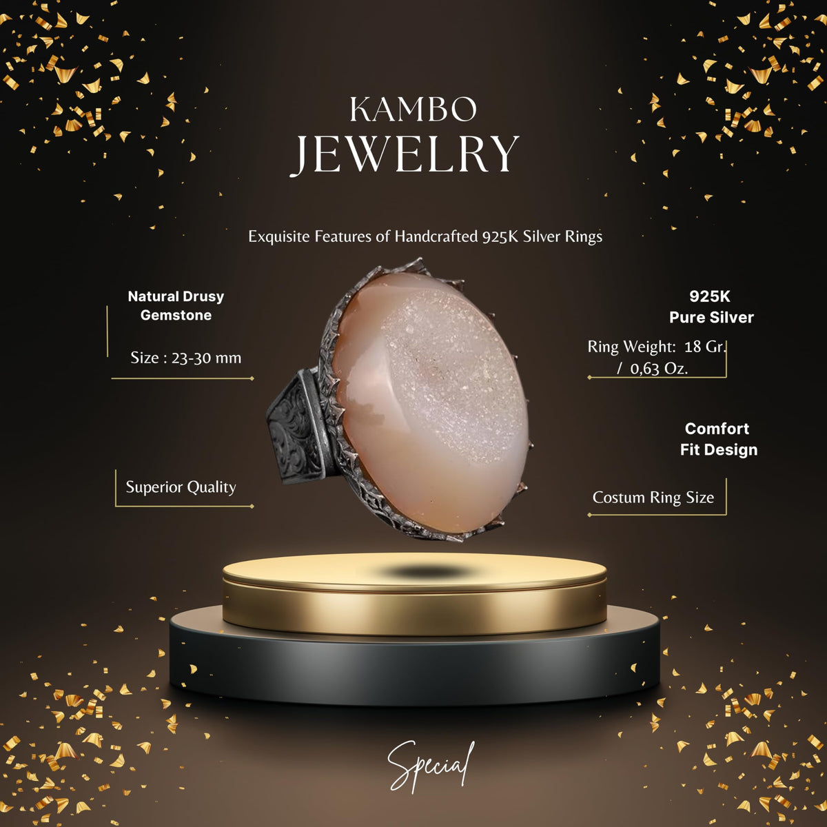Kambo Men's Large 925 Sterling Silver Ring with Natural Druzy Quartz Stone: Akua, Green, Beige Options (Beige) — 2