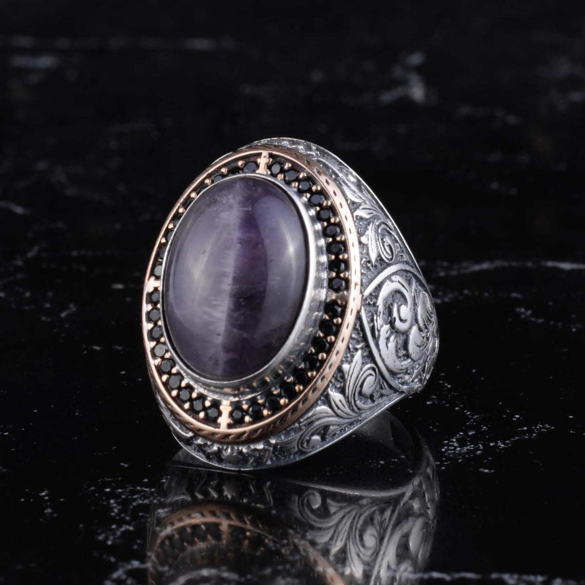 Men's Natural Stone Large Ring – Oval Stone Vintage Byzantine Engraved Statement Ring - Antique Filigree 925 Sterling Silver Jewelry (Amethyst) — 4