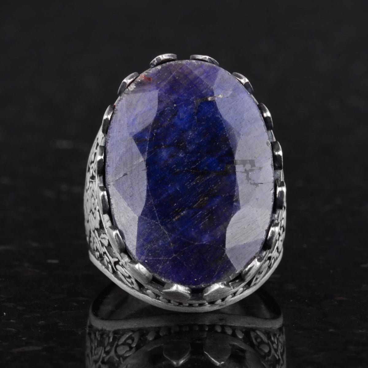 Natural Blue Sapphire Ring - Rose Pattern 925 Sterling Silver Handmade Ring — 4