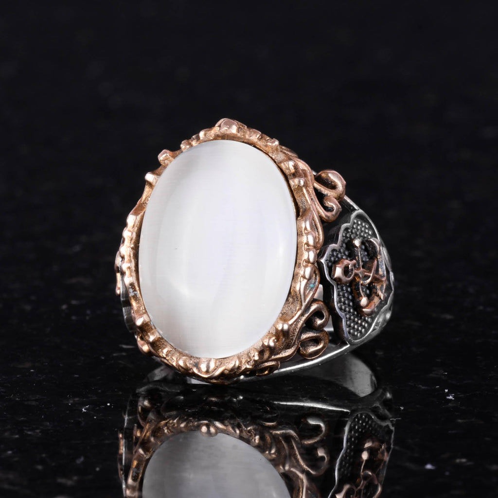 KAMBO White Catseye Created Stone Ring in 925 Sterling Silver - Unique Sailor Anchor Design - Diverse Collection of Crea