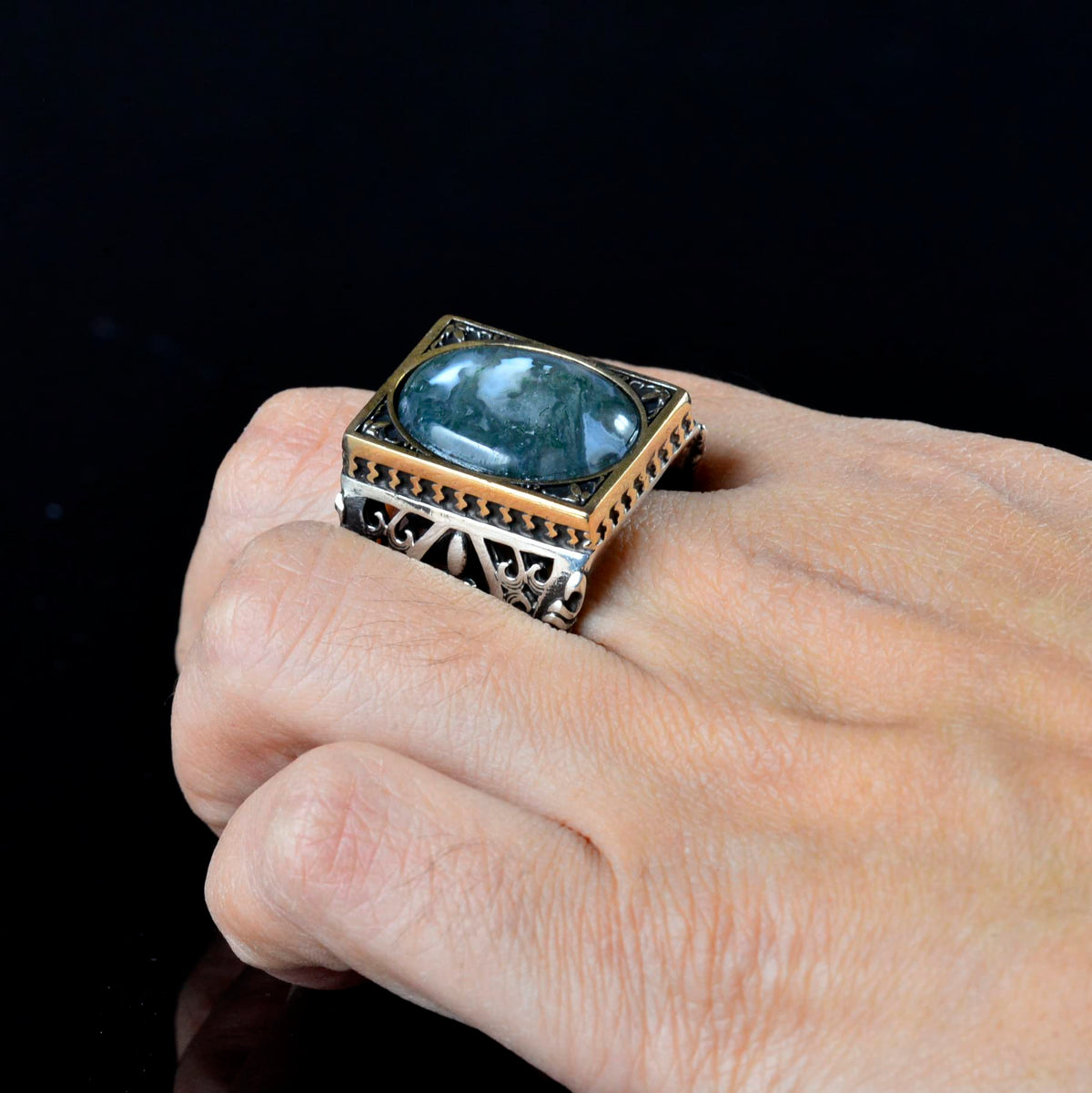 925 Sterling Silver Vintage Design Men's Ring, Natural Mossy Agate Stone — 7