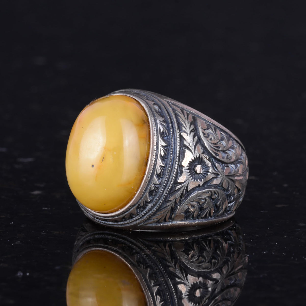 Kambo Natural Amber Gemstone Ring - 925 Sterling Silver Men's Ring - Handcrafted Anatolian Pattern Design — 5