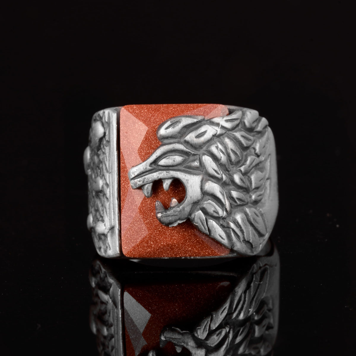 Silver Men's Lion Figure Ring - Handmade, Synthetic Goldstone (Goldstone) — 2