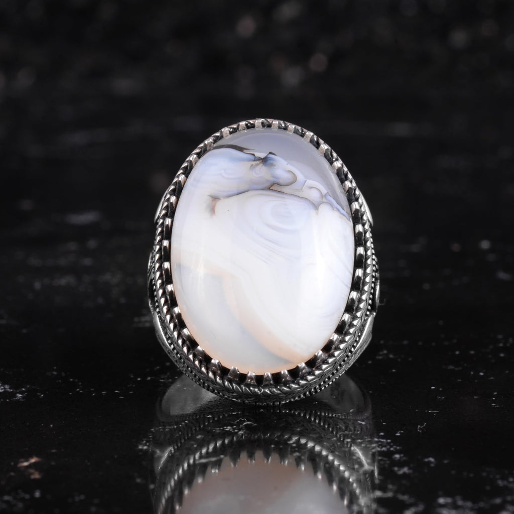 KAMBO Natural Yemen Agate Stone Men's Ring – 925 Sterling Silver Large Statement Ring – Handmade Ottoman Tugra Design Jewelry (Style-4) — 3