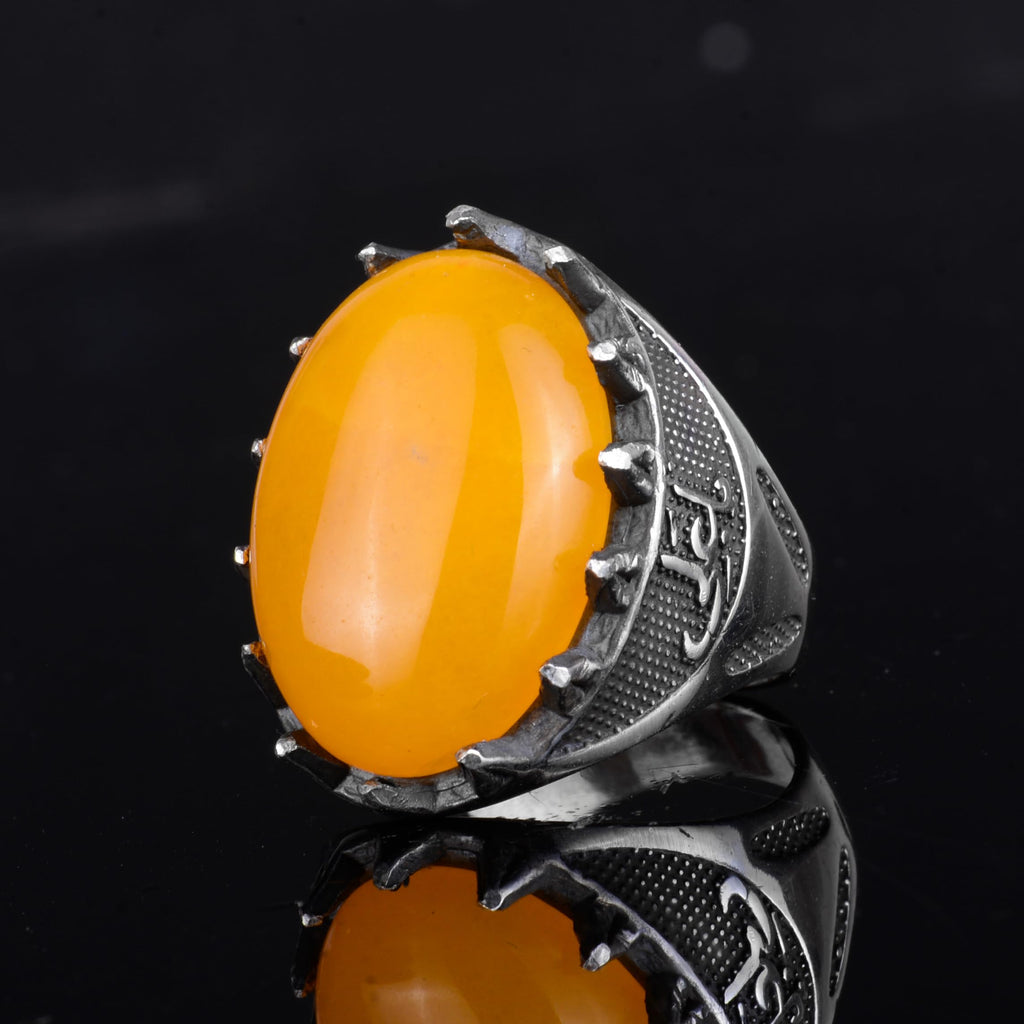KAMBO Natural Stone Men's Large Ring – 925 Sterling Silver Ottoman Sword Motif Signet Ring (Yellow Agate) — 5