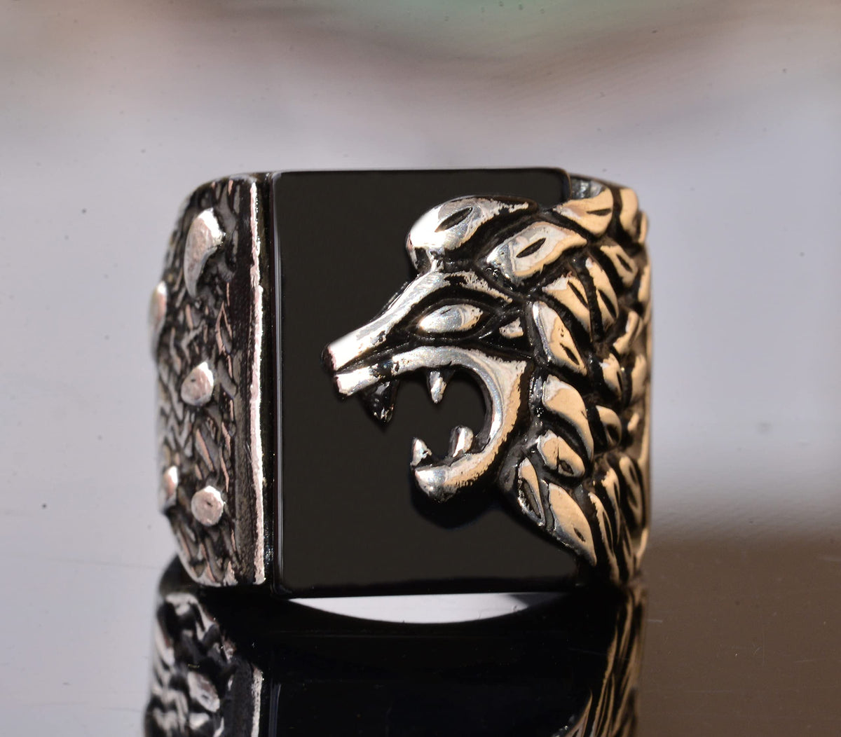 Natural Obsidian Stone Lion Head Ring - Silver Men's Ring — 5