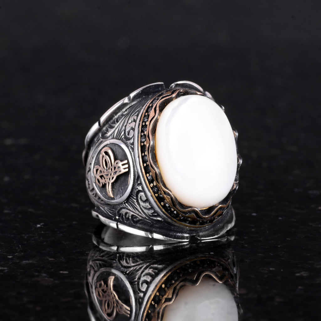 Ottoman Tugra Cabochon Pearl Stone Ring — 5