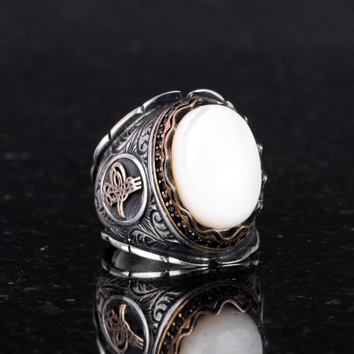 Ottoman Tugra Cabochon Pearl Stone Ring — 5