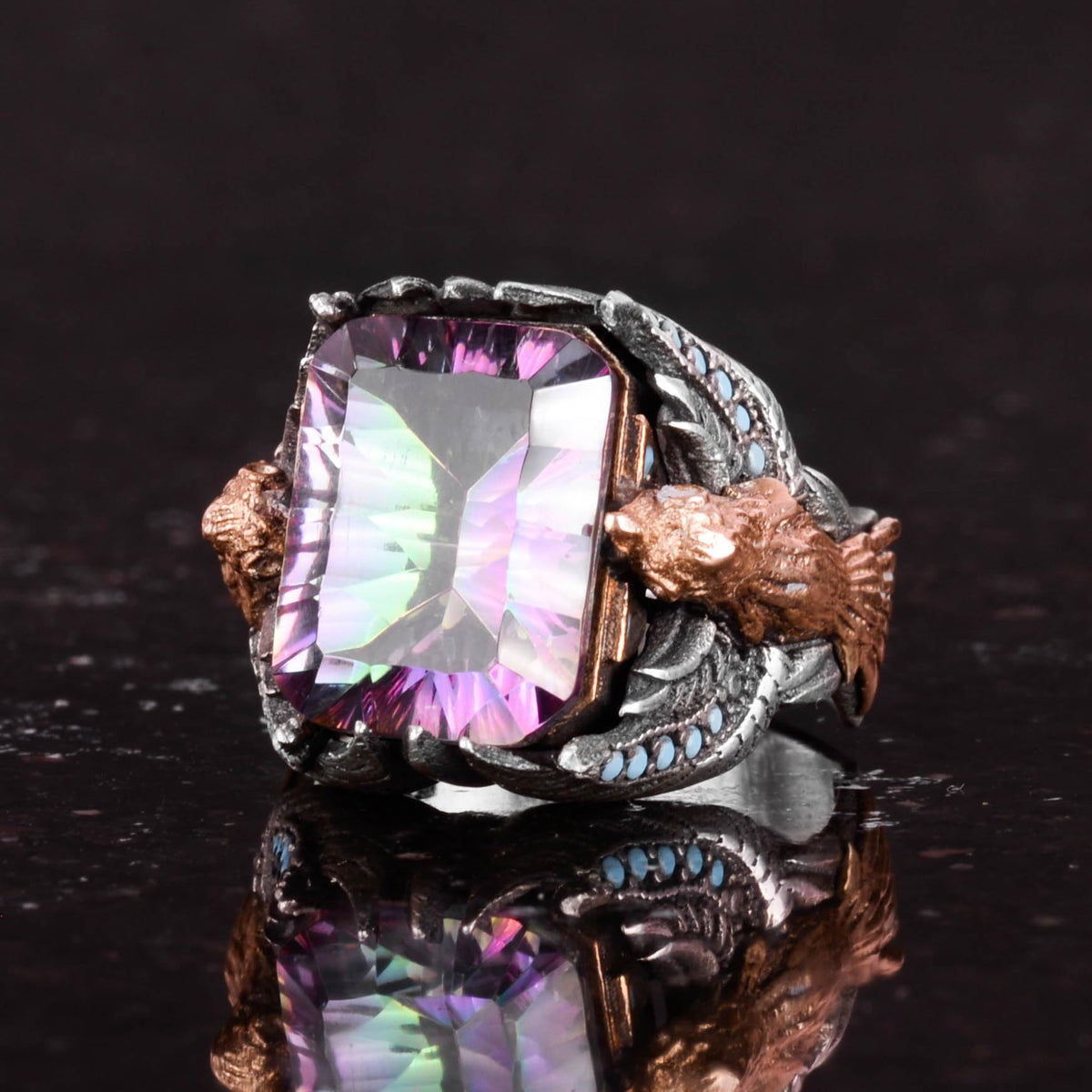 Handmade 925 Sterling Silver Men's Eagle Ring, Mystic Topaz Stone — 6