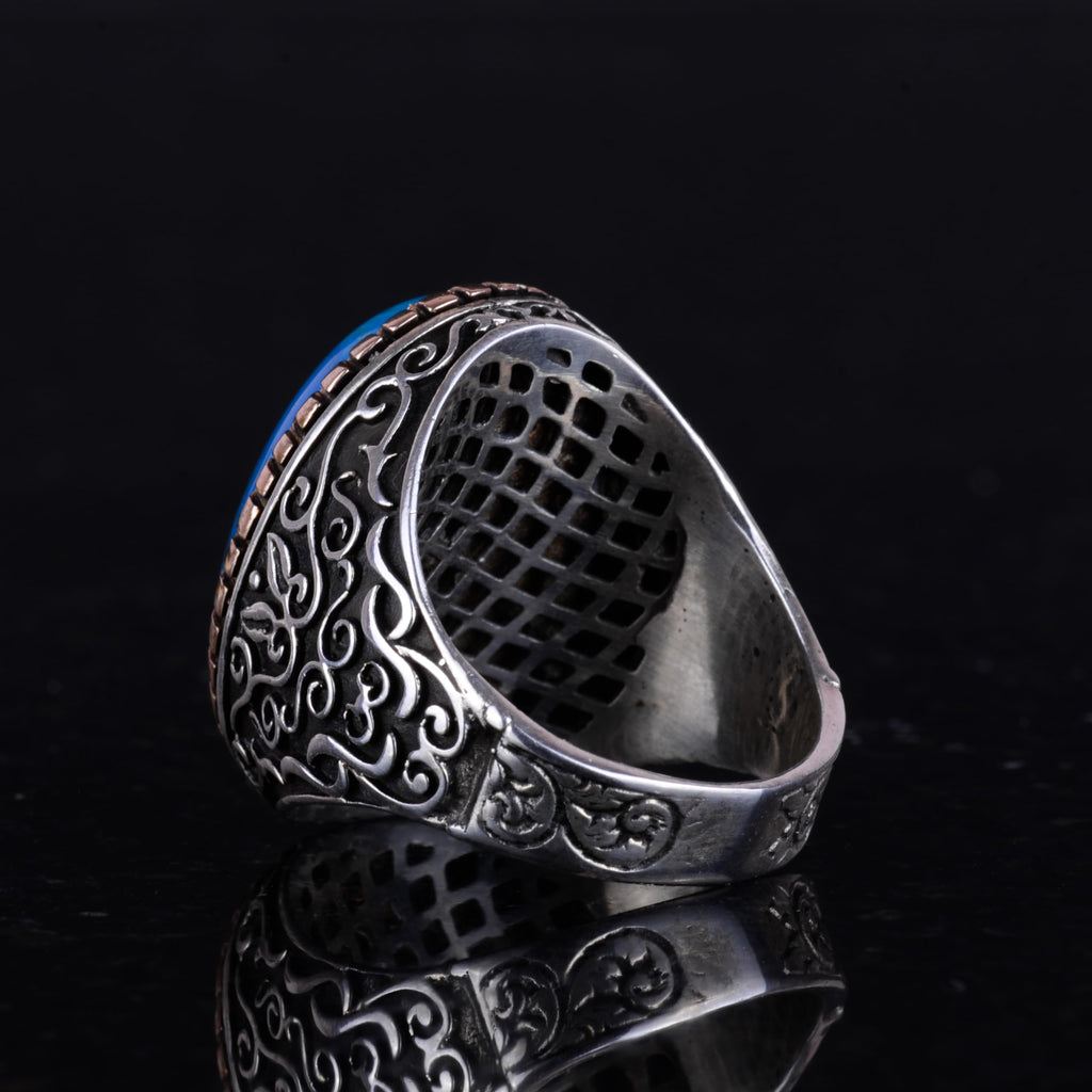 KAMBO Synthetic Stone Ring, 925 Sterling Silver Men's Ring, Big Ring (Synthetic Turquoise Stone) — 7