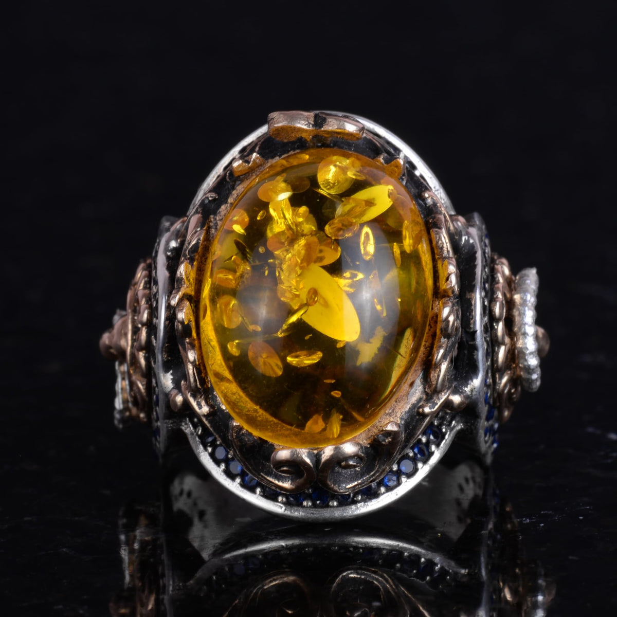 Honey Amber Artificial Stone Ring | Stylish Handcrafted 925 Sterling Silver Men's Ring — 4