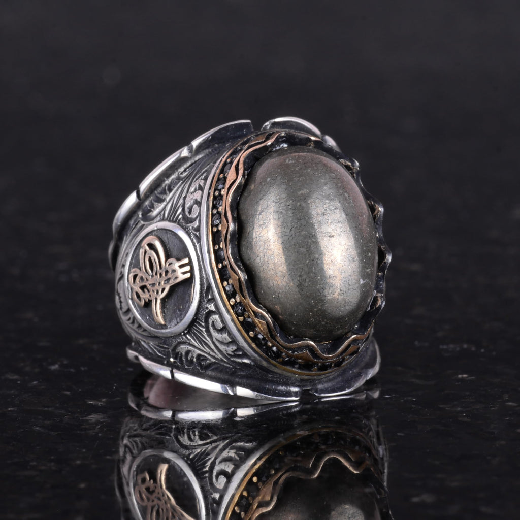 925 Sterling Silver Men's Ring - Natural Pyrite Stone Ottoman Tugra Ring — 5