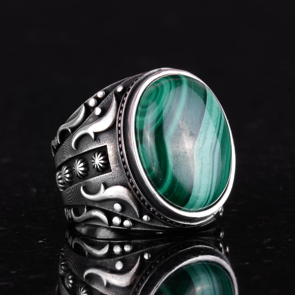 Natural Malachite Stone Ring, 925 Sterling Silver Men's Ring (Model-2) — 5