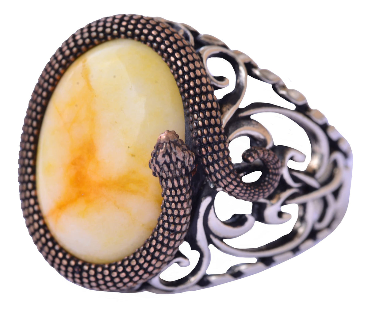 925 Sterling Silver Men's Ring - Handcrafted Elegance with Yellow Wood Stone