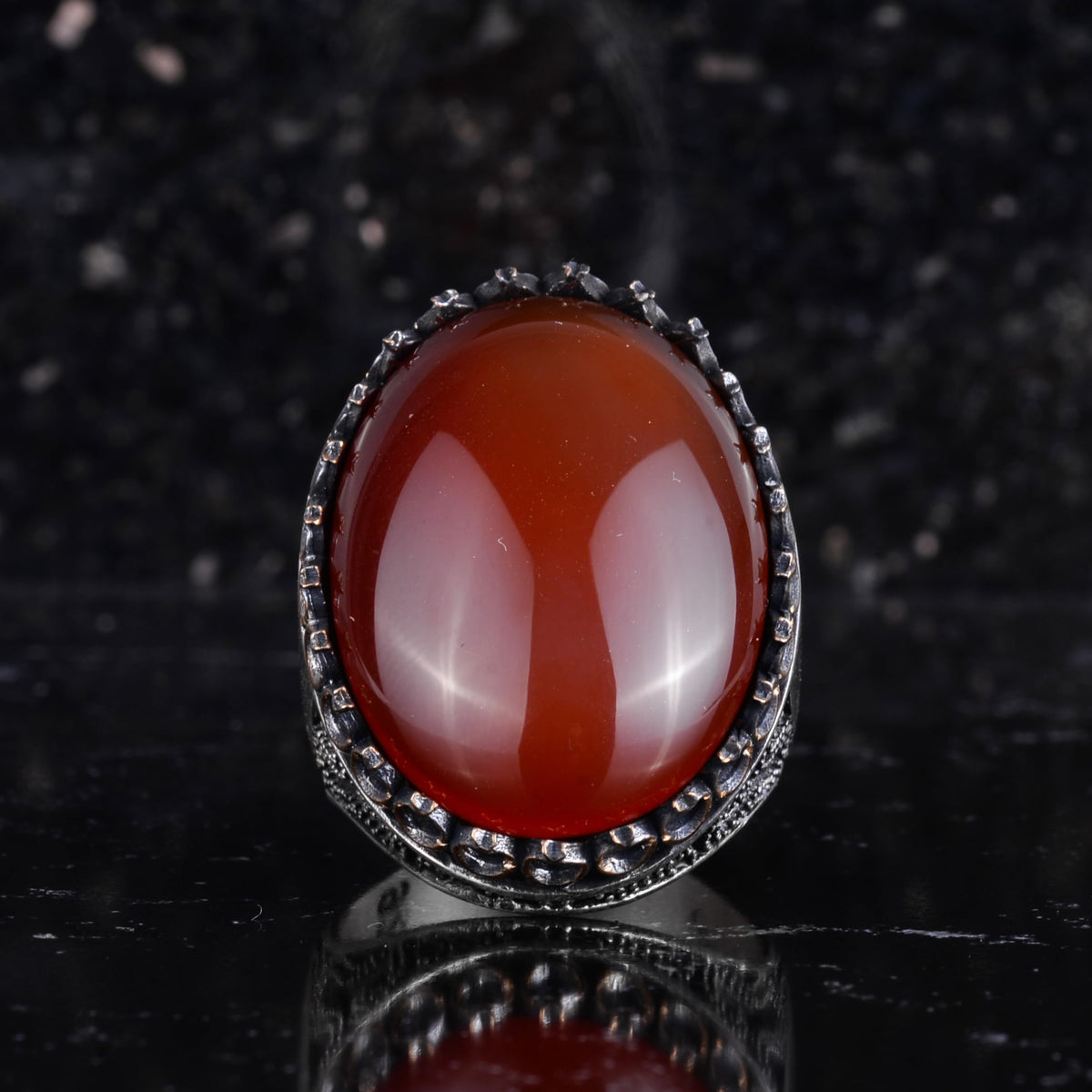 KAMBO Natural Red Agate Men's Ring 925 Sterling Silver - Large Oval Cabochon Statement Vintage Handmade Design — 4