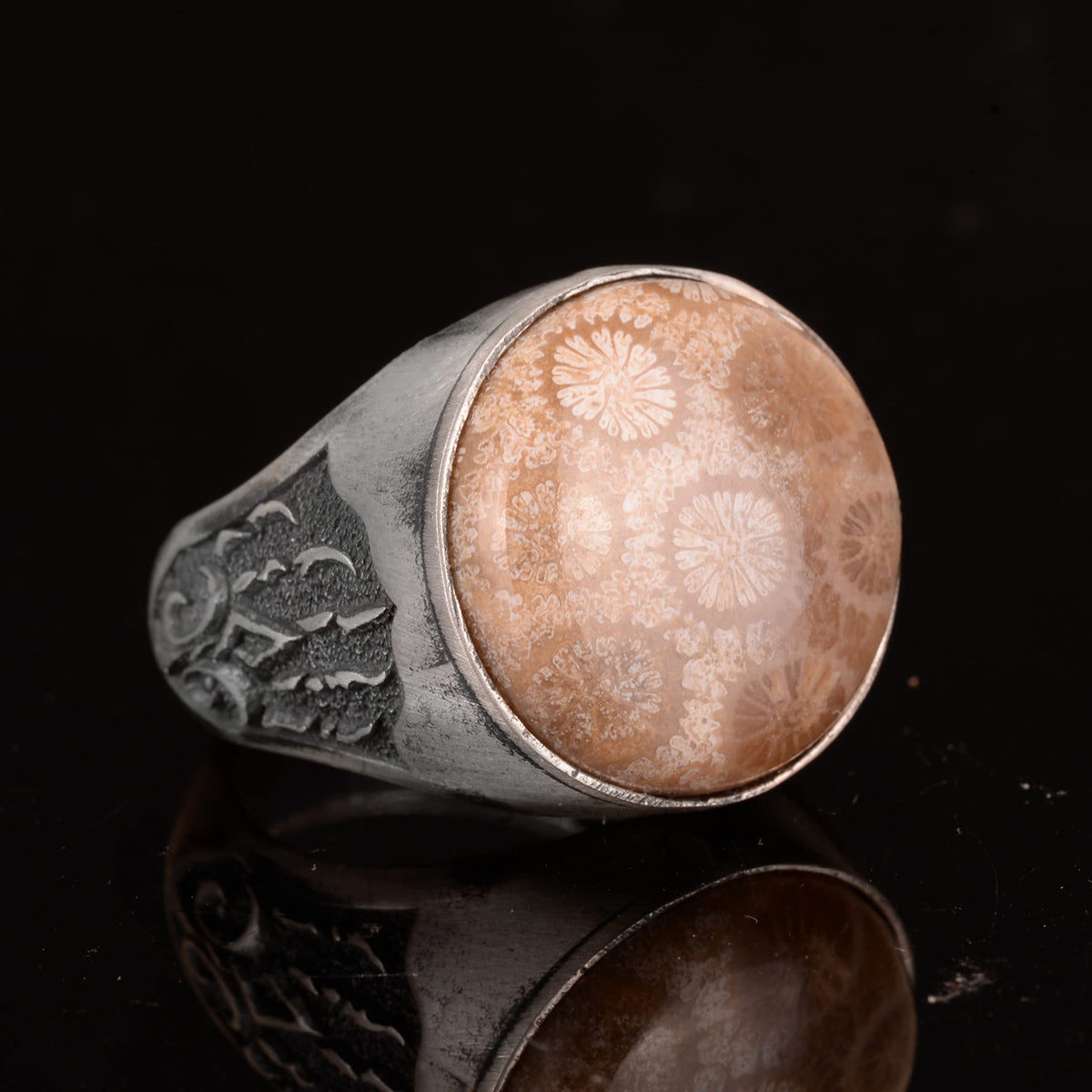 Natural Coral Stone Ring, 925 Sterling Silver Ring — 3