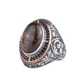 Men's Natural Stone Large Ring – Oval Stone Vintage Byzantine Engraved Statement Ring - Antique Filigree 925 Sterling Silver Jewelry (Bronzite)