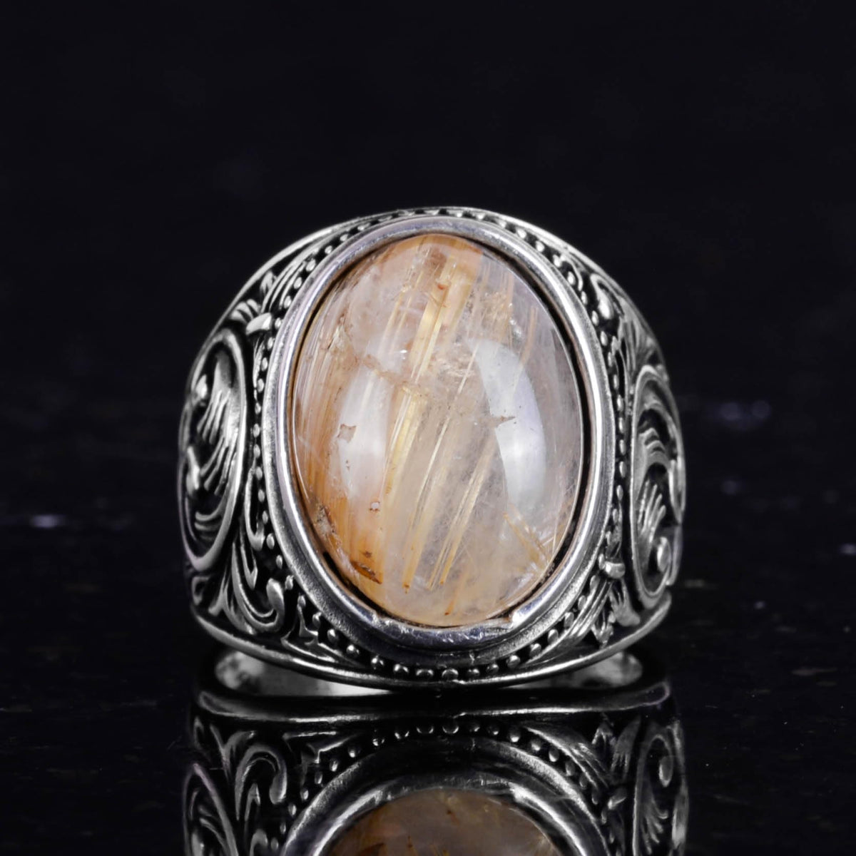 925 Sterling Silver Men's Ring, Natural Cabochon Gold Rutilated Quartz Stone Ring — 3
