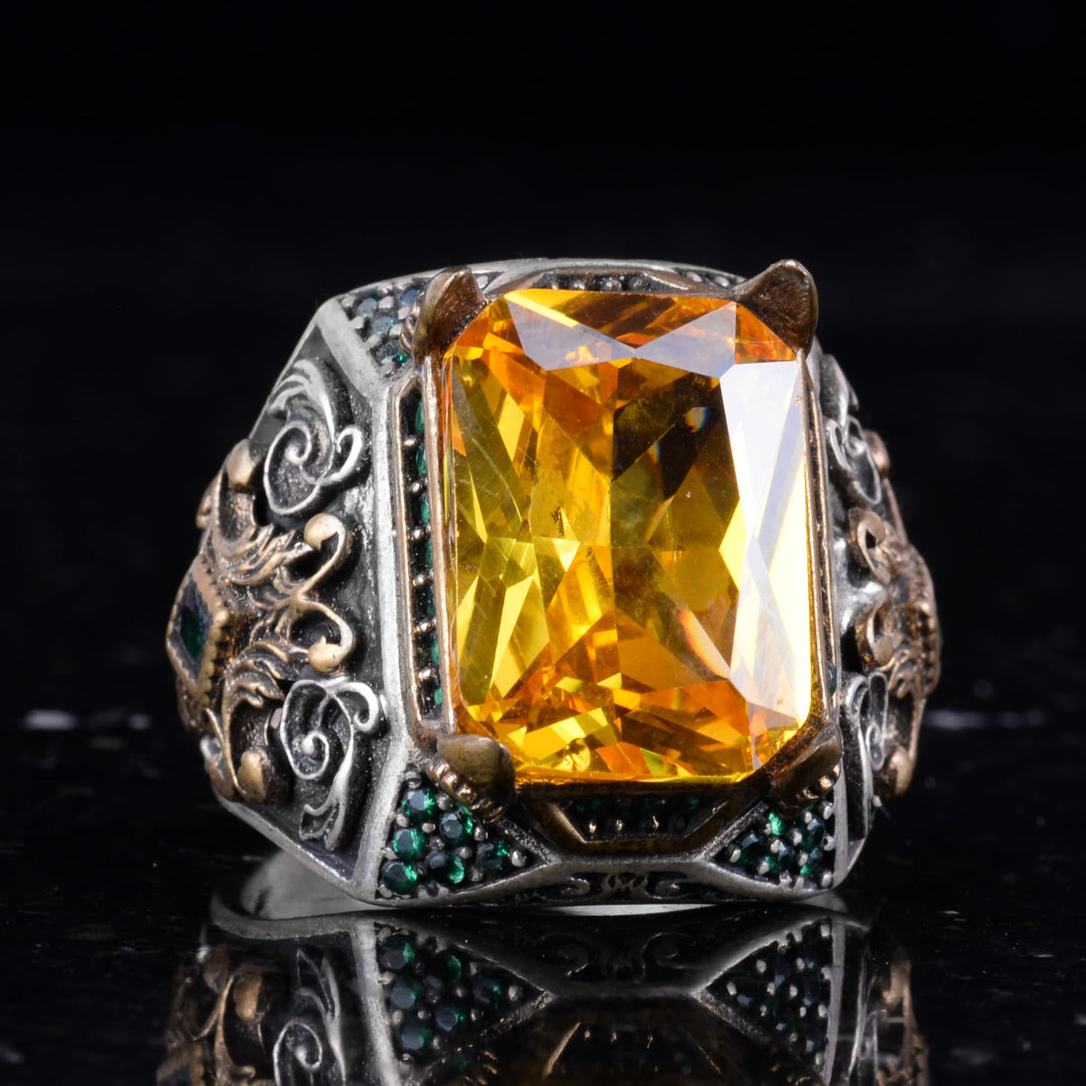 Silver Men's Ring - Artificial Citrine Stone - Vintage Design - Handmade Ring — 7
